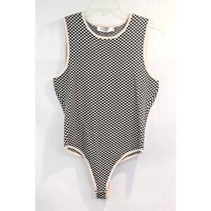 4th & Reckless Top Knit Bodysuit Tank Womens size L Black White Checkered Print